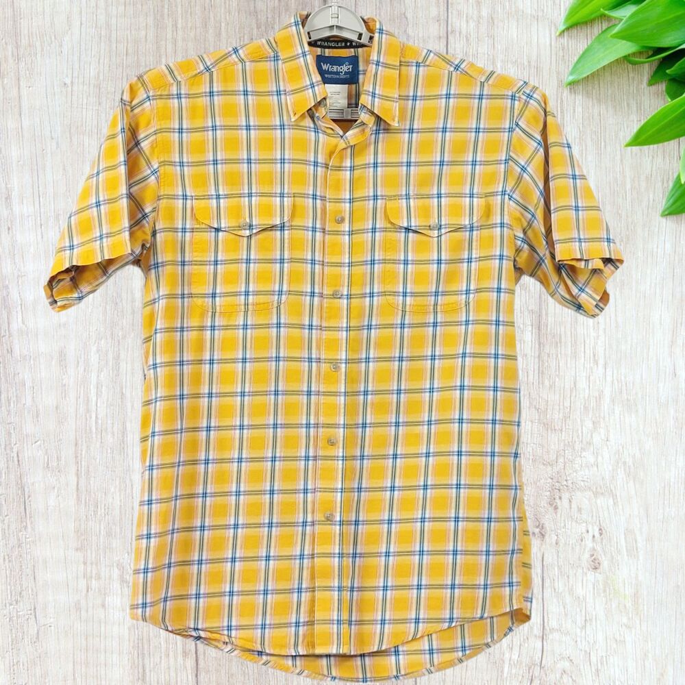 Vintage Wrangler Mens Shirt Sz LT Yellow Checkered Short Sleeve Western Rodeo